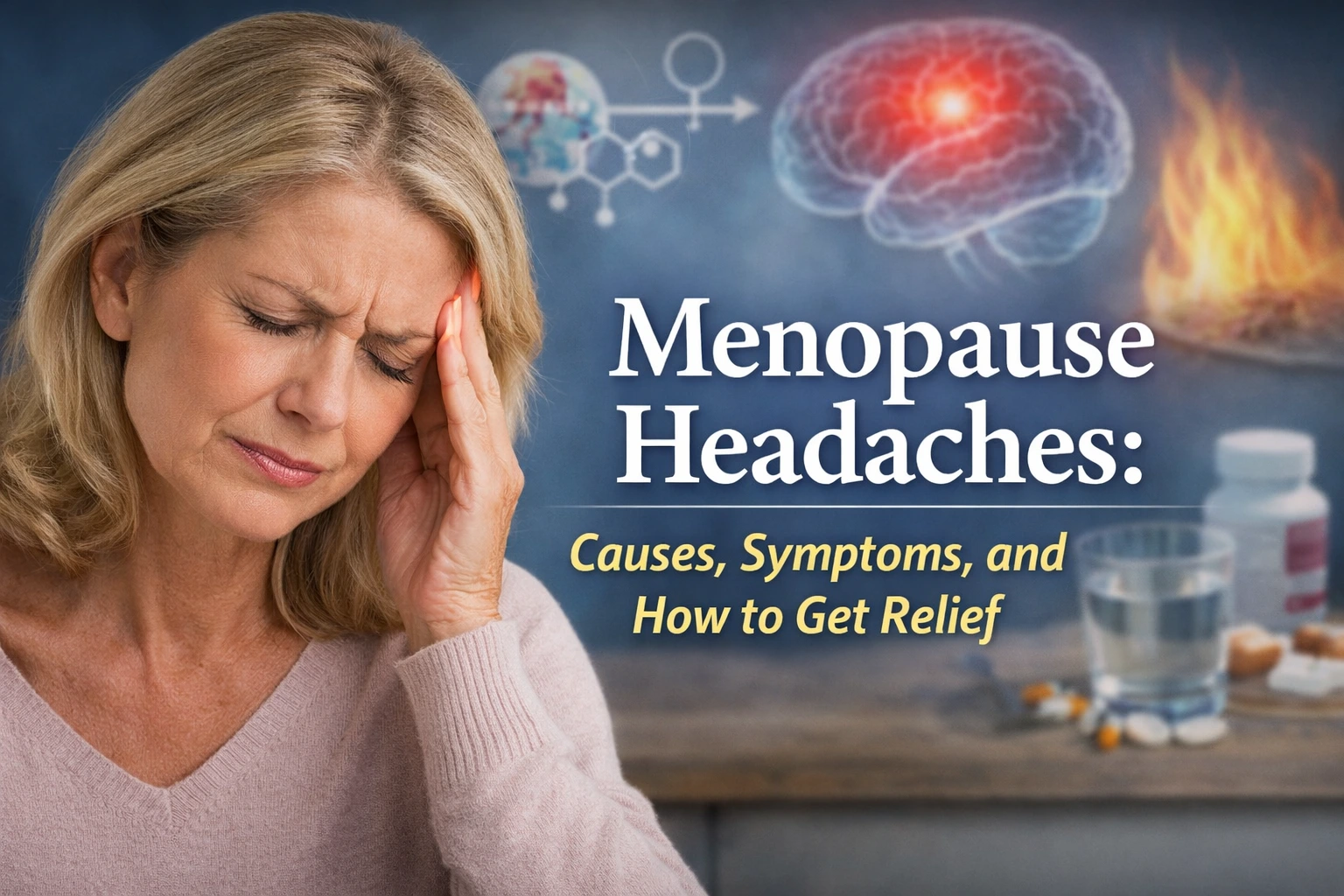 Woman experiencing menopause headache holding her temple, with medical graphics showing brain activity and hormone symbols, and overlay text about menopause headache causes and relief