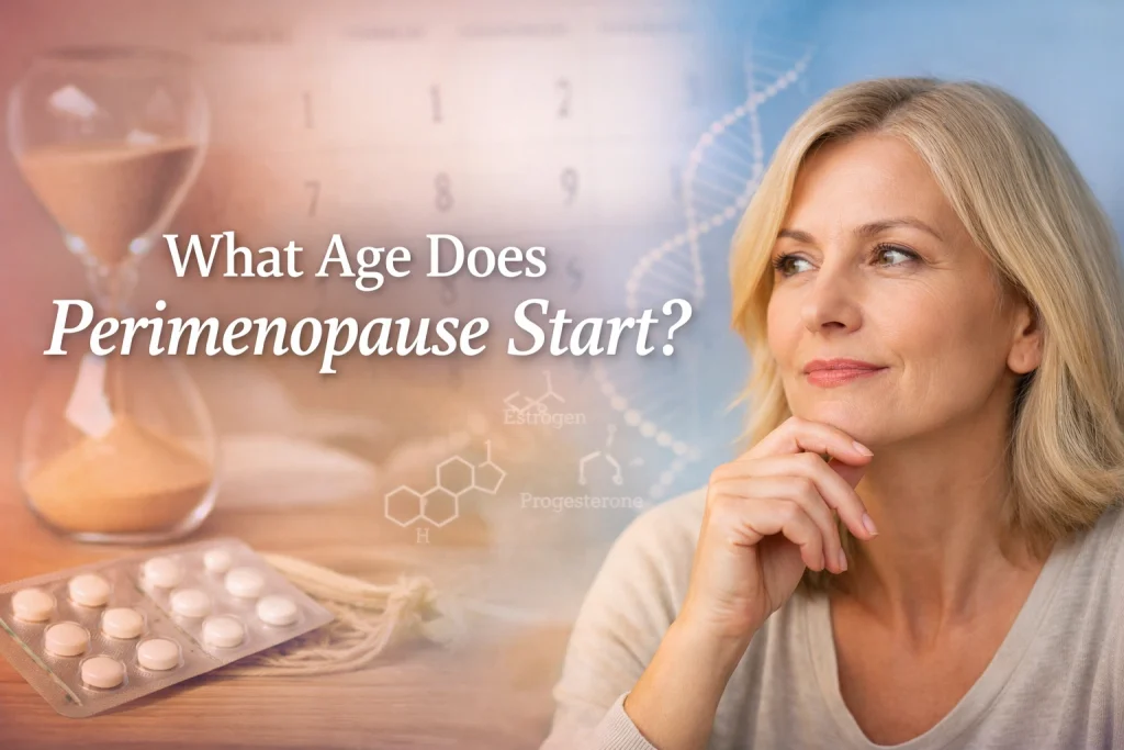 Woman in her early 40s thoughtfully looking ahead with overlaid text "What Age Does Perimenopause Start?" and subtle hormone and timeline visuals in the background