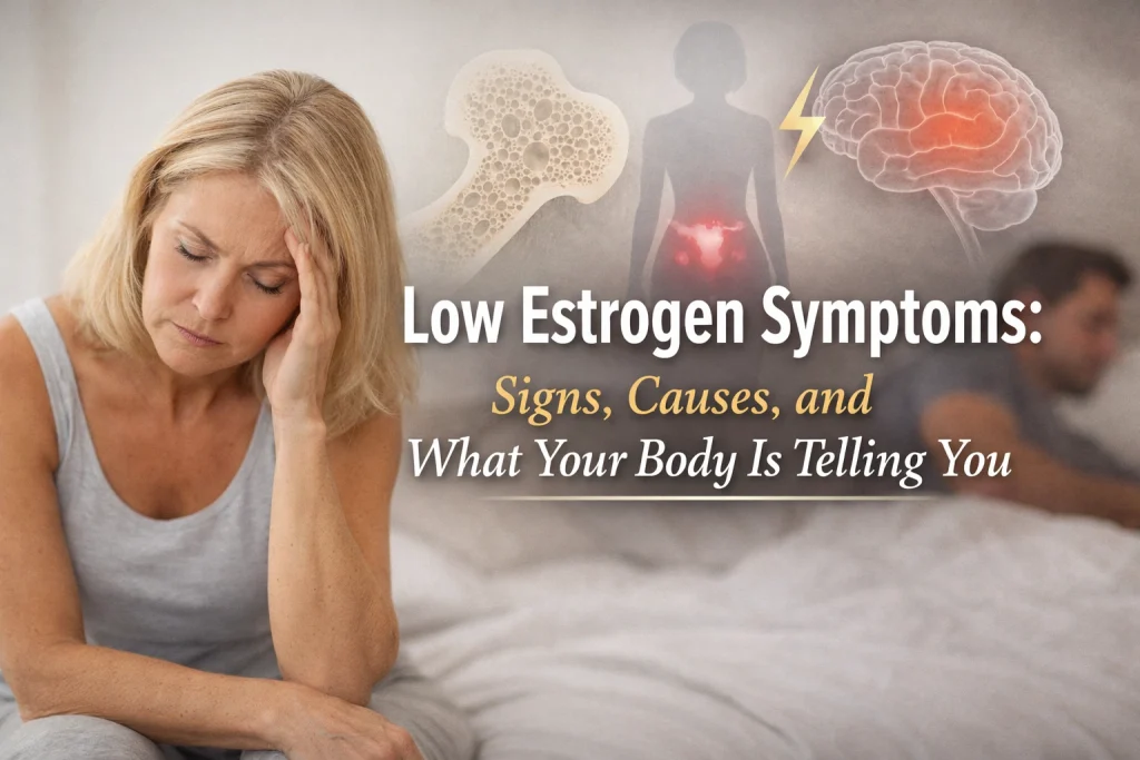 Woman sitting on a bed holding her head, appearing fatigued, with medical illustrations and text reading “Low Estrogen Symptoms: Signs, Causes, and What Your Body Is Telling You.”