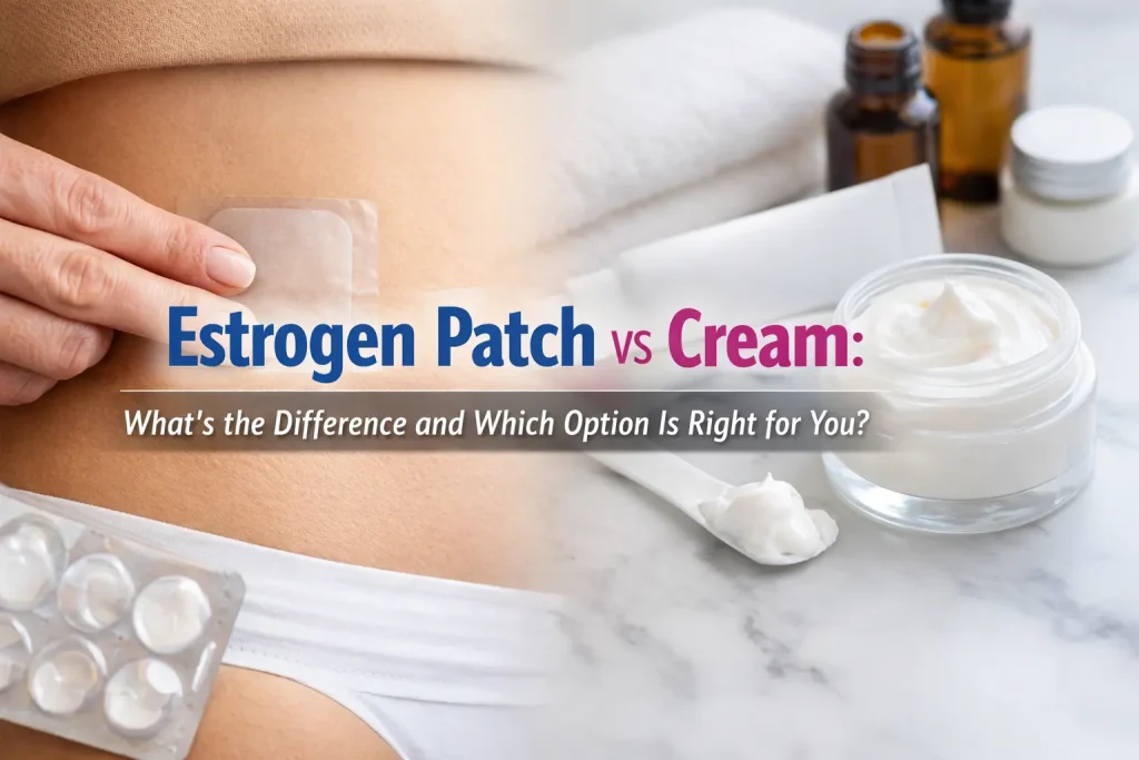 Horizontal featured image comparing estrogen patch vs cream, showing hormone therapy imagery with overlaid text reading “Estrogen Patch vs Cream: What’s the Difference and Which Option Is Right for You?”